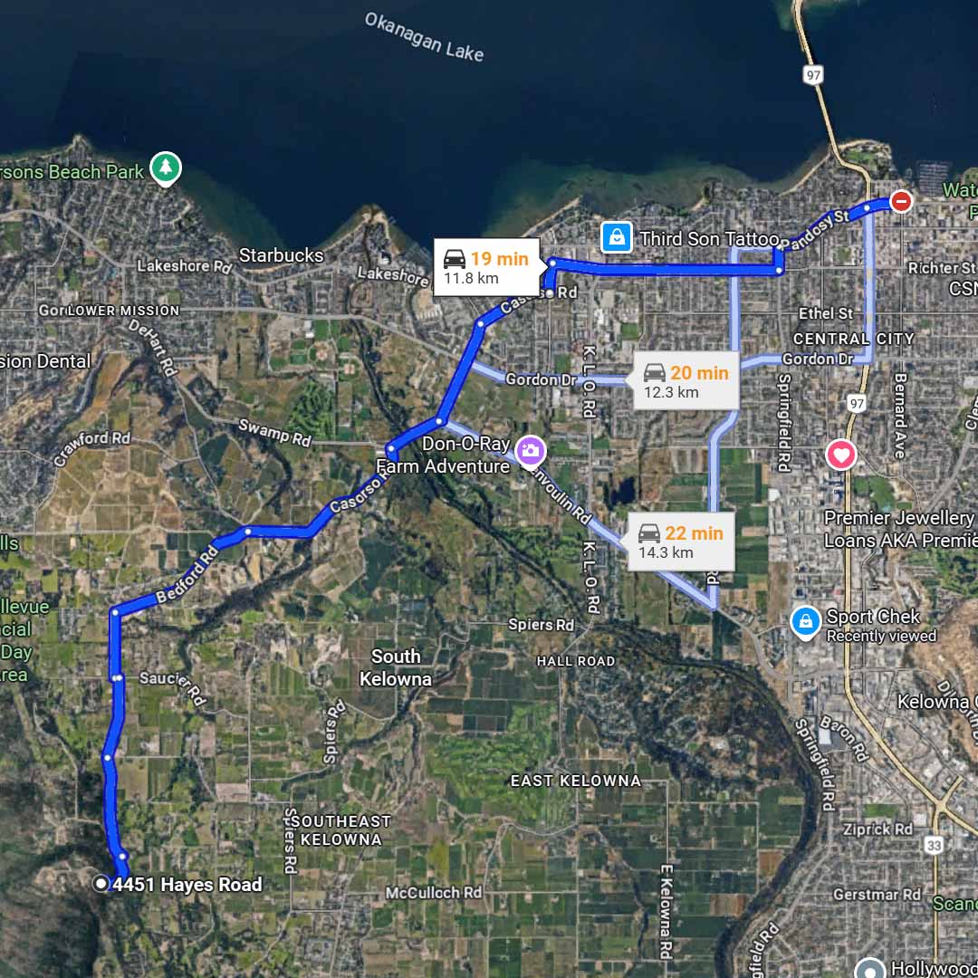 southeast kelowna to downtown kelowna driving time and distance