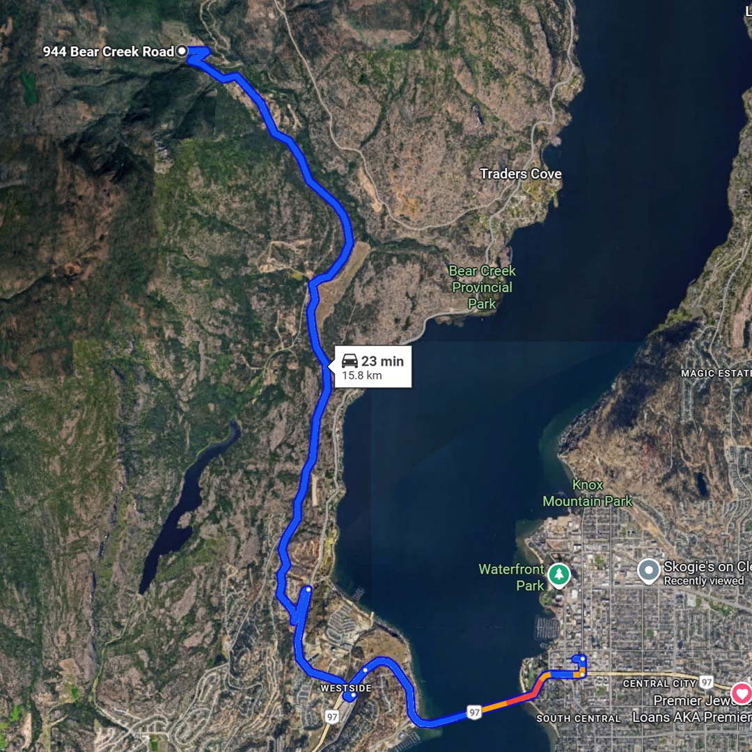bear creek road development property to downtown kelowna dirivng distance